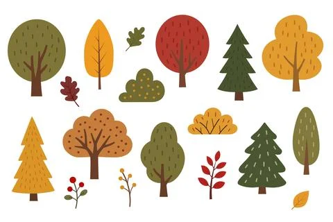 Autumn forest vector set with trees, bushes, and colorful leaves イラスト素材