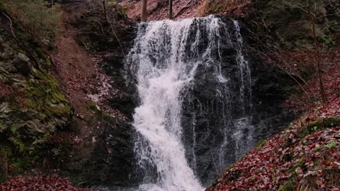 Autumn forest waterfall cascading over mossy rocks beside fallen leaves and Stock Footage 343562858