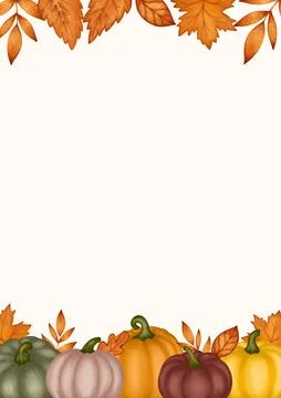 Autumn frame blank pumpkins and leaves, thanksgiving card empty vertical Stock Illustration