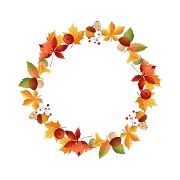 Autumn frame in circle shape on white isolated background. Leaves and mushr.. Stock Illustration