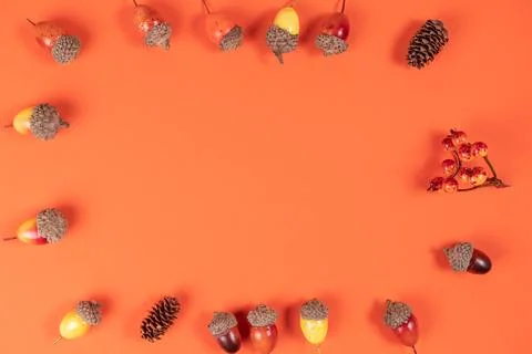 Autumn frame composition highlighted on an orange background. Stock Photos