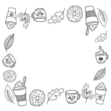 Autumn Frame cozy composition, leaves and coffee with sweets. Warming drink Stock Illustration