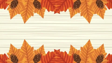Autumn frame with floating maple leaves and pine cones on wooden background. Stock Footage 338315074