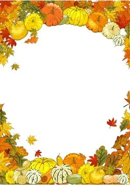 Autumn frame isolated on white background. Pumpkins, leaves, acorns. Stock Illustration