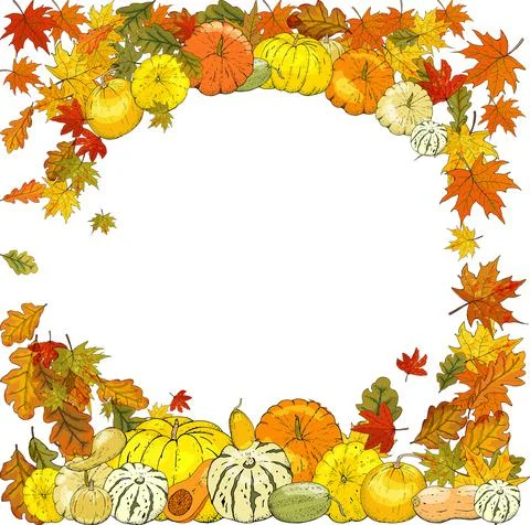 Autumn frame isolated on white background. Pumpkins, leaves, acorns. Stock Illustration