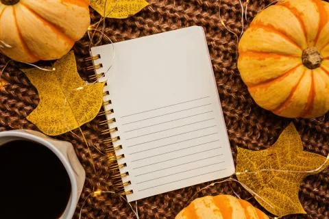 Autumn frame made of pumpkin, notebook, cup of coffee and fallen leaves on br Stock-Fotos