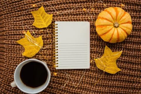 Autumn frame made of pumpkin, notebook, cup of coffee and fallen leaves on br Stock Photos