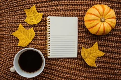Autumn frame made of pumpkin, notebook, cup of coffee and fallen leaves on br Stock Photos
