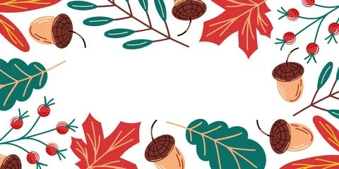 Autumn frame with various fall leaves, acorn and berry for decoration, greeting Illustrazione stock
