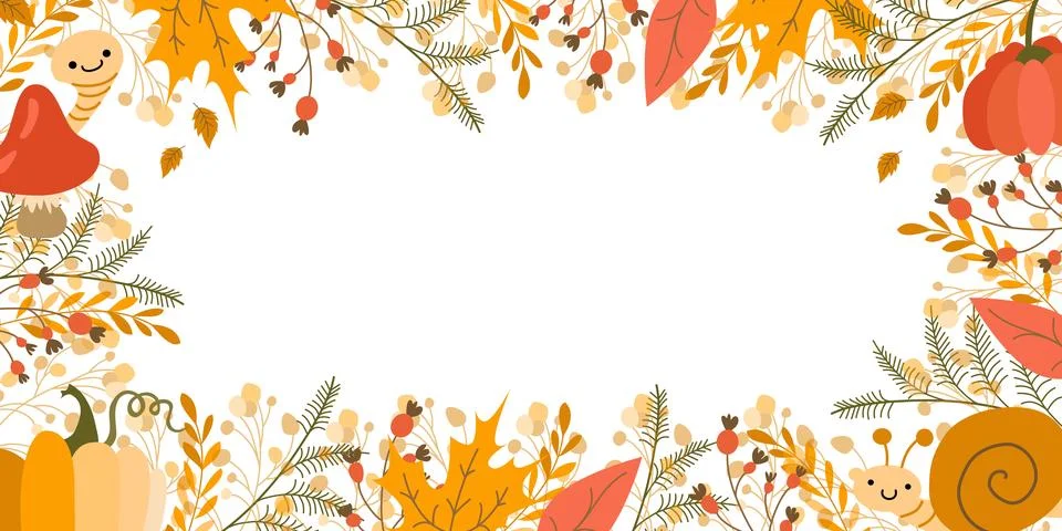 Autumn frame vector banner. Fall background with pumpkin, mushroom, snail. Co Stock Illustration