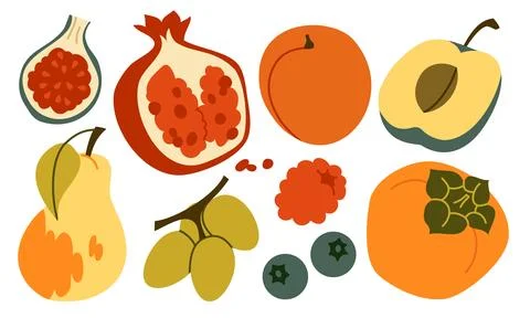 Autumn Fruit Vector Set Flat Geometric Pomegranate Fig Persimmon Collection Stock Illustration