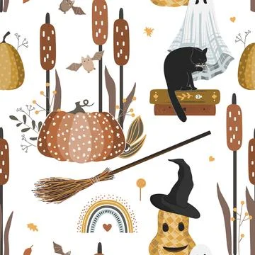 Autumn Halloween seamless pattern with pumpkin, black cat, ghost, witch hat 스톡 일러스트