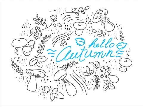 Autumn hand-drawn background layout decorate with leaves and mushrooms. Stock Illustration