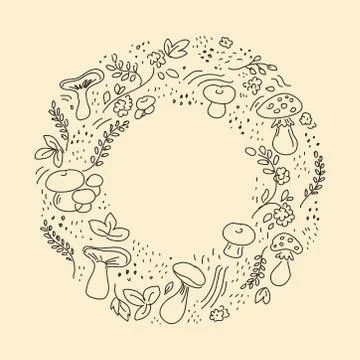 Autumn hand-drawn background layout decorate with leaves and mushrooms. Stock Illustration