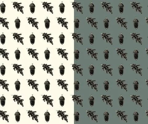 Autumn hand drawn seamless pattern. Oak leaf, acorn black silhouettes, white Illustrazione stock