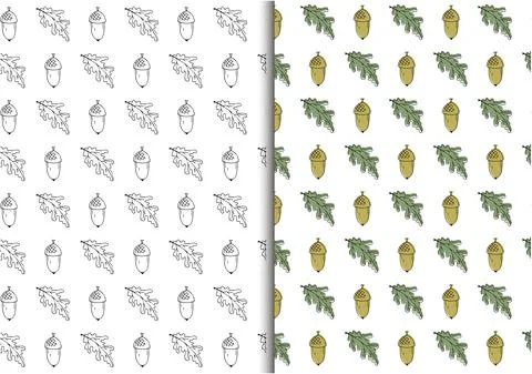 Autumn hand drawn seamless patterns, collection of 2. Oak leaf, acorn black Stock Illustration