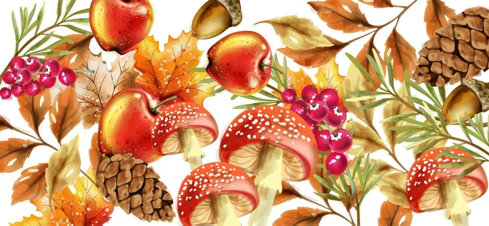 Autumn harvest pattern Vector. Fall muchrooms and fruits decor posters Stock Illustration