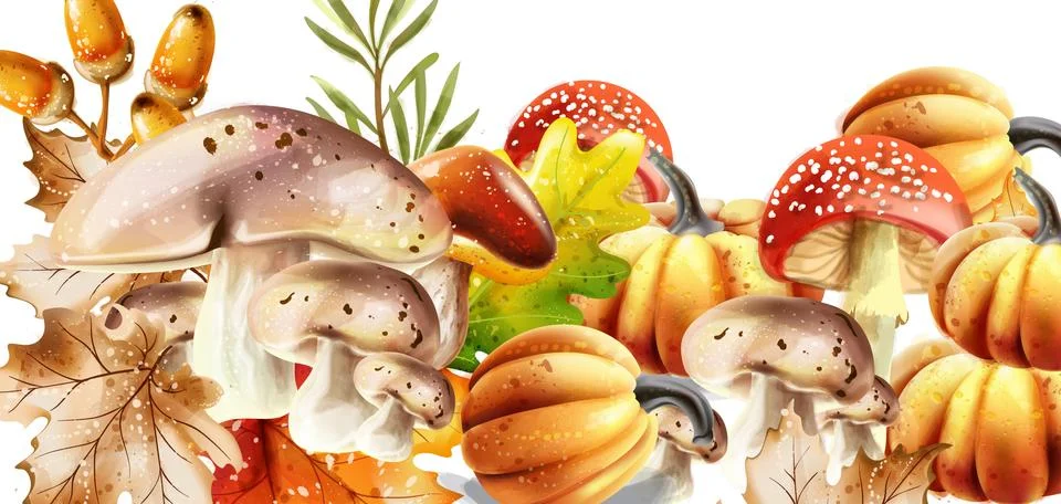 Autumn harvest pattern Vector. Fall muchrooms and fruits decor posters Stock Illustration