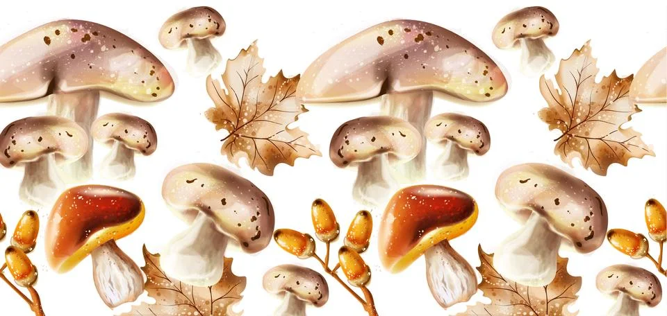 Autumn harvest pattern Vector. Fall muchrooms and fruits decor posters 스톡 일러스트