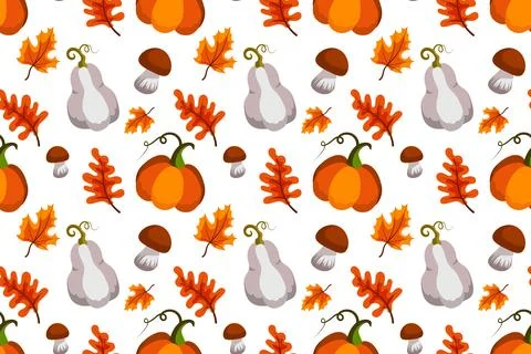 Autumn harvest seamless pattern. Vector illustration. Pumpkin, mushroom, leaf Stock Illustration