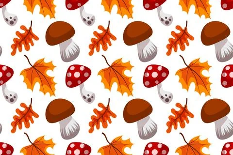 Autumn harvest seamless pattern. Vector illustration. Pumpkin, mushroom, leaf 스톡 일러스트
