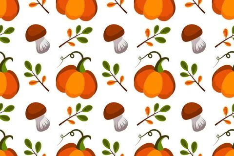 Autumn harvest seamless pattern. Vector illustration. Pumpkin, mushroom, leaf Stock Illustration