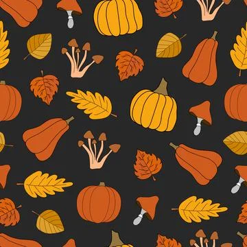 Autumn harvest vector seamless pattern on black background Stock Illustration