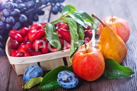 Autumn harvest on the wooden table, autumn fruits Stock Photos
