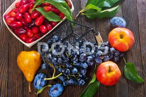 Autumn harvest on the wooden table, autumn fruits Stock Photos