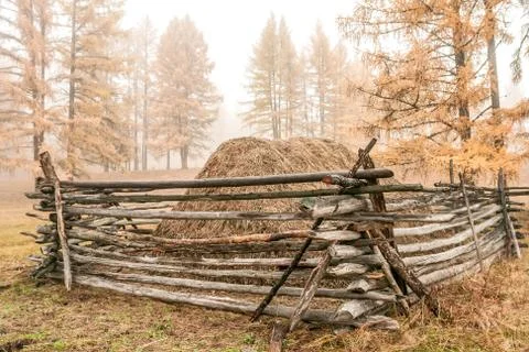 Autumn haystack in the fog Stock Photos