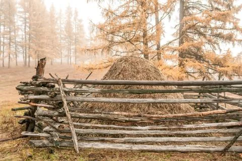 Autumn haystack in the fog Stock Photos