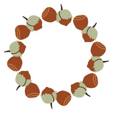 Autumn hazelnut circle frame. Round border made of doodle hand drawn fall Stock Illustration