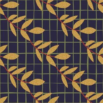Autumn herbal orange branches pattern on dark blue chequered background. Stock Illustration