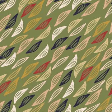 Autumn herbal pattern with red, orange, pink and white outline leaves. Green  Stock Illustration