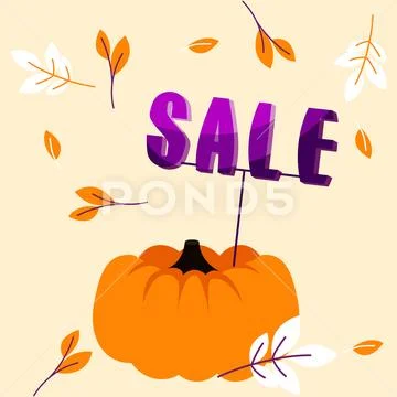 Autumn holiday sale banner with big pumpkin and fall leaves template. Stock Illustration