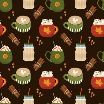 Autumn hot drinks seamless pattern with coffee mugs marshmallow cocoa and cin Stock Illustration
