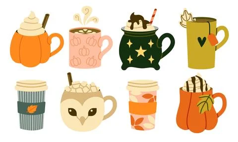 Autumn Hot Drinks Vector Set Flat Pumpkin Latte Cocoa Collection Isolated Stock Illustration