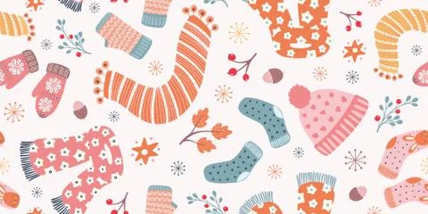 Autumn Hygge border pattern design . Vector winter and Fall seamless repeat. 스톡 일러스트
