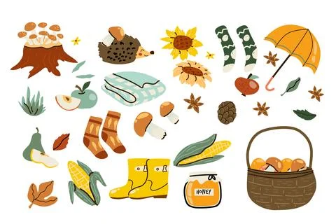Autumn hygge elements in cartoon flat style. Stock Illustration