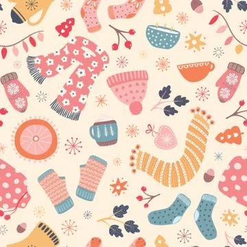 Autumn Hygge pattern design . Vector winter and Fall seamless repeat. Stock Illustration