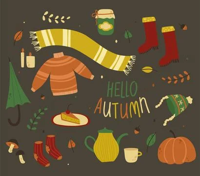Autumn icon and objects for design. Warm clothing, warming objects. Vector il Stock Illustration