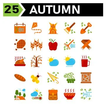 Autumn icon set include calendar autumn fall event date windmill building hou Ilustración de archivo