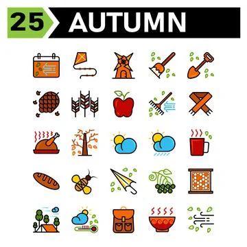 Autumn icon set include calendar autumn fall event date windmill building hou Ilustración de archivo