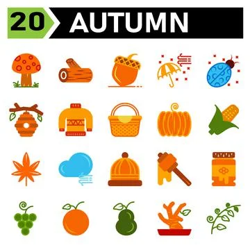 Autumn icon set include mushroom fall plant lumber piece of wood trunk chestn Stock Illustration