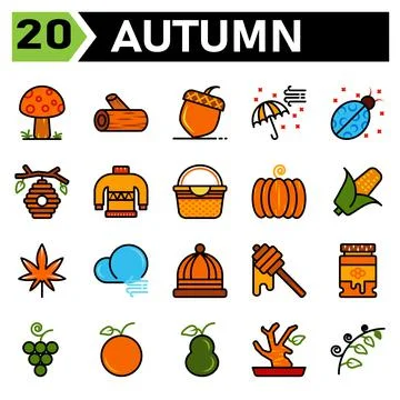 Autumn icon set include mushroom fall plant lumber piece of wood trunk chestn Stock Illustration