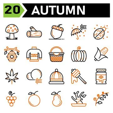 Autumn icon set include mushroom fall plant lumber piece of wood trunk chestn Stock Illustration