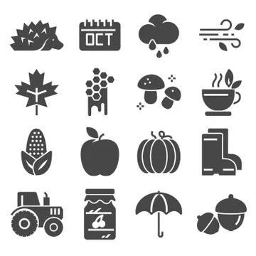 Autumn icon set. vector set. pumpkin, chestnut, umbrella Stock Illustration