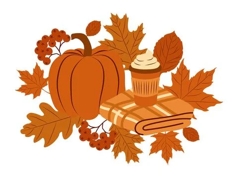Autumn illustration with pumpkin, leaves, berries, blanket and coffee cup.C.. Stock Illustration