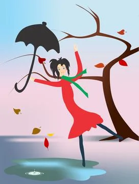 Autumn impression with umbrella, Stock Illustration