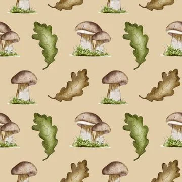 Autumn-inspired watercolor pattern featuring mushrooms and oak leaves for t.. Illustrazione stock